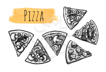 Slices of pizza. Big set. Ink sketch isolated on white background. Hand drawn vector illustration. Retro style.