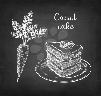 Carrot cake. Chalk sketch on blackboard background. Hand drawn vector illustration. Retro style.