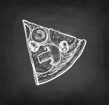 Slice of pizza topped with mushrooms, olives and sausage. Chalk sketch on blackboard background. Hand drawn vector illustration. Retro style.