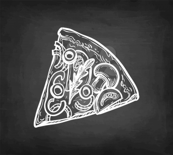 Vegetarian pizza slice with mushrooms, olives and arugula. Chalk sketch on blackboard background. Hand drawn vector illustration. Retro style.