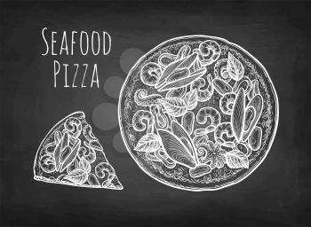 Seafood pizza. Chalk sketch on blackboard background. Hand drawn vector illustration. Retro style.