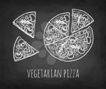 Sliced vegetarian pizza topped with mushrooms, olives and arugula. Chalk sketch on blackboard background. Hand drawn vector illustration. Retro style.