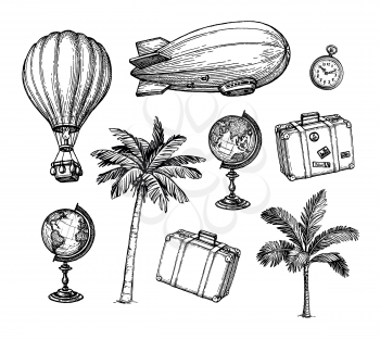 Vintage travel set. Ink sketch of retro objects isolated on white background. Hand drawn vector illustration.