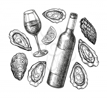 Wine and oysters with lemon. Bottle and glass. Ink sketch isolated on white background. Hand drawn vector illustration. Retro style.