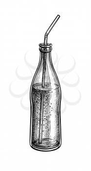 Soda bottle with drinking straw. Ink sketch of cola isolated on white background. Hand drawn vector illustration. Retro style.