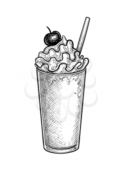 Milkshake in paper or plastic cup with lid and straw. Ink sketch isolated on white background. Hand drawn vector illustration. Retro style.