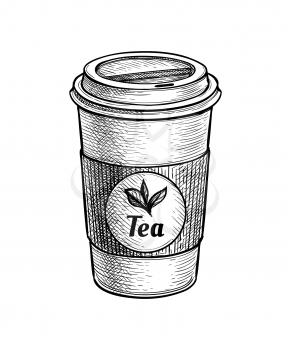 Hot tea. Paper cup with lid. label with text and leaves. Ink sketch isolated on white background. Hand drawn vector illustration. Retro style.