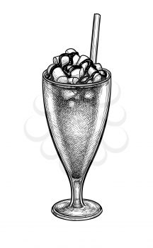 Hot sweet drink with marshmallows and caramel filling. Coffee or cocoa. Stemmed glass with drinking straw. Ink sketch isolated on white background. Hand drawn vector illustration. Retro style.
