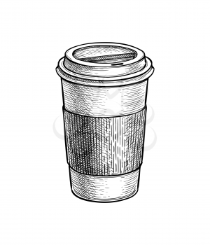 Paper cup with lid. Coffee to go. Ink sketch mockup isolated on white background. Hand drawn vector illustration. Retro style.