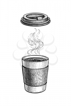 Hot drink with vapor. Paper cup and lid. Coffee to go. Small size. Ink sketch mockup isolated on white background. Hand drawn vector illustration. Retro style.