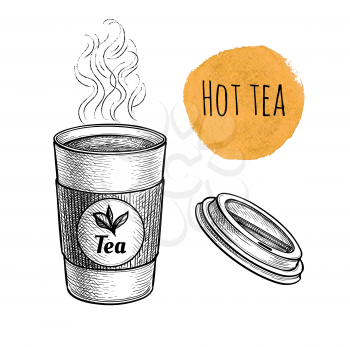 Hot tea with vapor. Paper cup and lid. label with text and leaves. Ink sketch isolated on white background. Hand drawn vector illustration. Retro style.