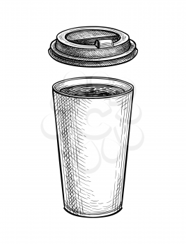 Coffee to go. Hot drink in paper cup with lid. Large size. Ink sketch mockup isolated on white background. Hand drawn vector illustration. Retro style.