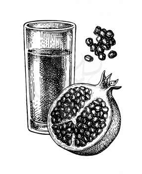 Glass of pomegranate juice and fruit slaced in half. Ink sketch isolated on white background. Hand drawn vector illustration. Retro style.