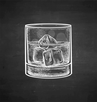 Glass of whiskey with ice. Chalk sketch on blackboard background. Hand drawn vector illustration. Retro style.
