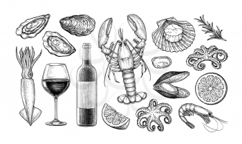 Wine and seafood. Ink sketch collection isolated on white background. Hand drawn vector illustration. Retro style.