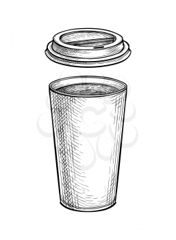 Coffee or tea. Hot drink in paper cup with lid. Large size. Ink sketch mockup isolated on white background. Hand drawn vector illustration. Retro style.