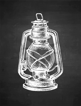 Kerosene lamp. Vintage oil lantern. Chalk sketch on blackboard background. Hand drawn vector illustration. Retro style.