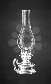 Kerosene lamp. Vintage oil lantern. Chalk sketch on blackboard background. Hand drawn vector illustration. Retro style.