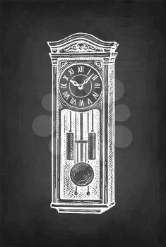 Vintage pendulum clock. Chalk sketch on blackboard background. Hand drawn vector illustration. Retro style.