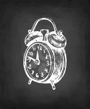 Vintage twin bell alarm clock. Chalk sketch on blackboard background. Hand drawn vector illustration. Retro style.