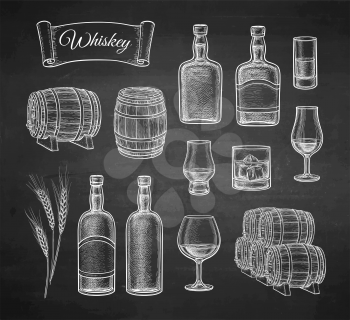 Whiskey big set. Sketch with chalk on blackboard background. Hand drawn vector illustration. Retro style.