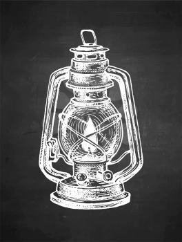 Burning kerosene lamp. Antique oil lantern. Chalk sketch on blackboard background. Hand drawn vector illustration. Retro style.