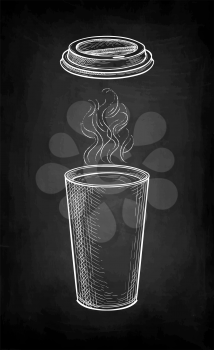 Hot drink with vapor. Paper cup and lid. Coffee to go. Large size. Chalk sketch mockup on blackboard background. Hand drawn vector illustration. Retro style.