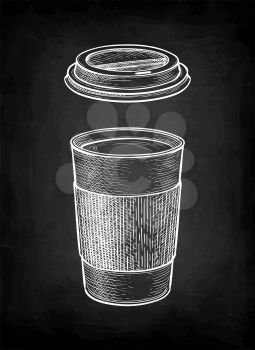 Hot drink in paper cup with lid. Coffee or tea. Chalk sketch mockup on blackboard background. Hand drawn vector illustration. Retro style.