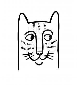 Cute cat face. Tabby kitten. Medieval style animal portrait. Hipster doodle sketch. Hand drawn vector illustration of funny character.