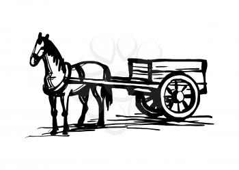 Horse harnessed to a cart. Ink sketch isolated on white background. Hand drawn vector illustration. Retro style.