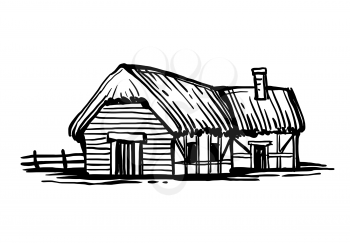 Old European country house. Ink sketch isolated on white background. Hand drawn vector illustration. Retro style.