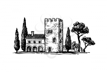 Italian old country house surrounded by cypresses and pine trees. Ink sketch isolated on white background. Hand drawn vector illustration. Retro style.