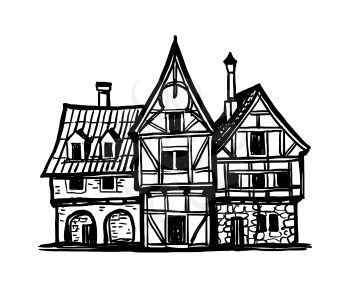 Medieval European houses. Ink sketch isolated on white background. Hand drawn vector illustration. Retro style.