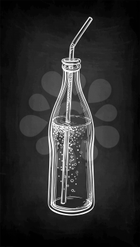 Soda bottle with drinking straw. Chalk sketch of cola on blackboard background. Hand drawn vector illustration. Retro style.