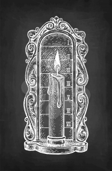 Candle clock. Chalk sketch on blackboard background. Hand drawn vector illustration. Retro style.