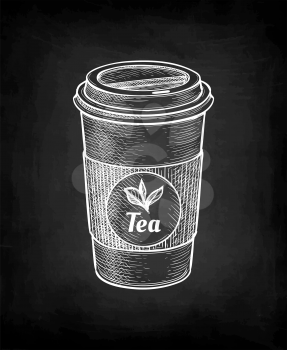 Hot tea. Paper cup with lid. label with text and leaves. Chalk sketch on blackboard background. Hand drawn vector illustration. Retro style.