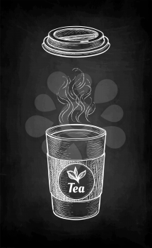 Hot tea with vapor. Paper cup and lid. label with text and leaves. Chalk sketch on blackboard background. Hand drawn vector illustration. Retro style.