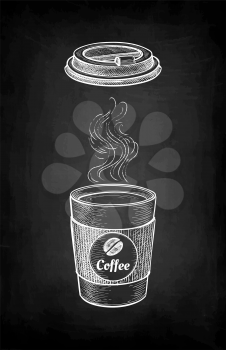 Hot drink with vapor. Paper cup and lid. Coffee to go. Small size. label with text and bean. Chalk sketch on blackboard background. Hand drawn vector illustration. Retro style.