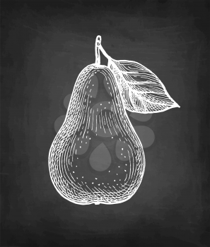 Pear with leaf. Chalk sketch on blackboard background. Hand drawn vector illustration. Retro style.