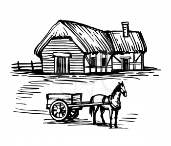 Old European country house and horse harnessed to a cart. Ink sketch isolated on white background. Hand drawn vector illustration. Retro style.