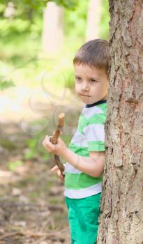 Cute little boy is playing in the wood