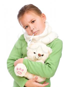 healthcare and medicine concept - child with thermometer in mouth, isolated over white