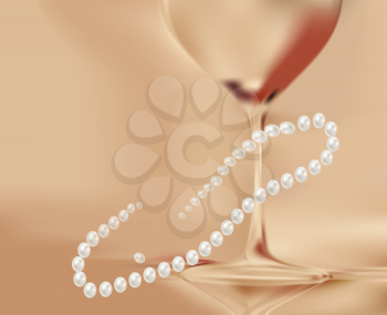 Gold blurred background with glass of wine and pearl necklace