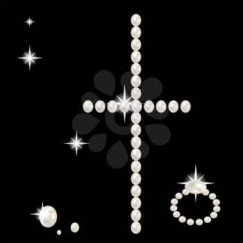 cross with large beautiful pink pearls and stars romantic on black background