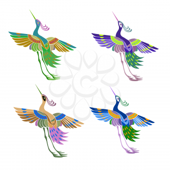 set of Ethnic abstract pattern magic birds in the Japanese style. Bright neon plumage.
