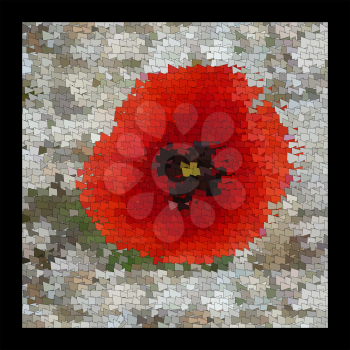 The flowers of red poppy closeup on grey background. Art quilt and mosaic. Color harmony in needlework. The picture art on the wall.