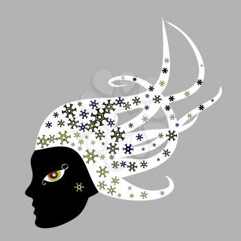 Black female silhouette in profile. Colourful ethnic girl with the magic hair at the snowflakes and the beads