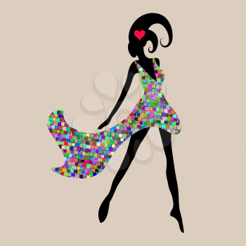 Female silhouette in flowered dress with mosaic heart in hair