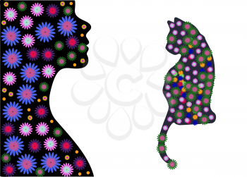 Black female silhouette in profile. Colourful ethnic beads and flowers