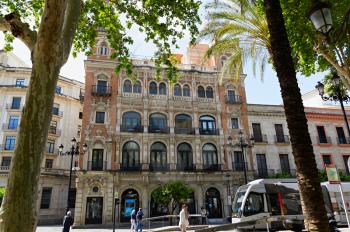 Historic buildings and monuments of Seville, Spain. Architectural details, stone facade and museums Europe.
